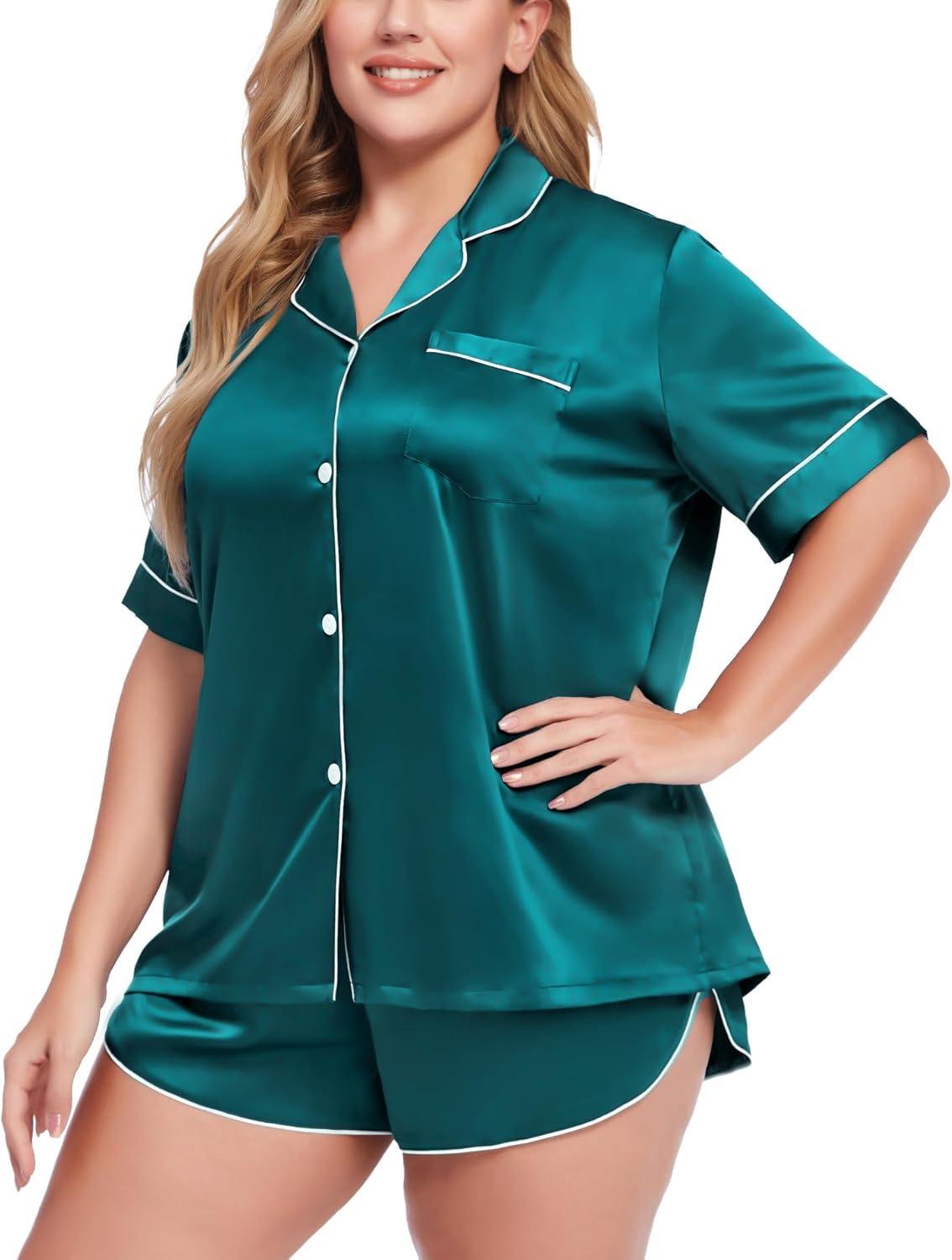 imageSWOMOG Womens Plus Size Satin Pajama Set Short Sleeve 2 piece Pj Sets Sleepwear Silk Button Down Loungewear Pjs Shorts SetGreen