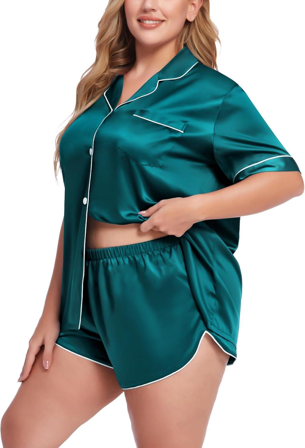 imageSWOMOG Womens Plus Size Satin Pajama Set Short Sleeve 2 piece Pj Sets Sleepwear Silk Button Down Loungewear Pjs Shorts SetGreen