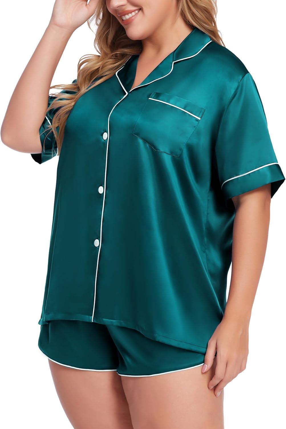 imageSWOMOG Womens Plus Size Satin Pajama Set Short Sleeve 2 piece Pj Sets Sleepwear Silk Button Down Loungewear Pjs Shorts SetGreen