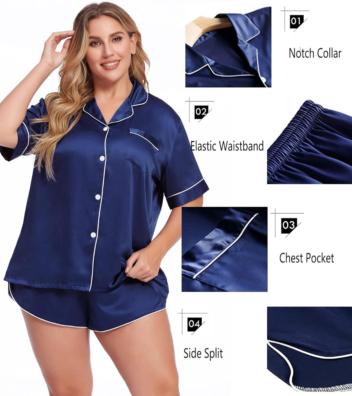 imageSWOMOG Womens Plus Size Satin Pajama Set Short Sleeve 2 piece Pj Sets Sleepwear Silk Button Down Loungewear Pjs Shorts SetNavy Blue