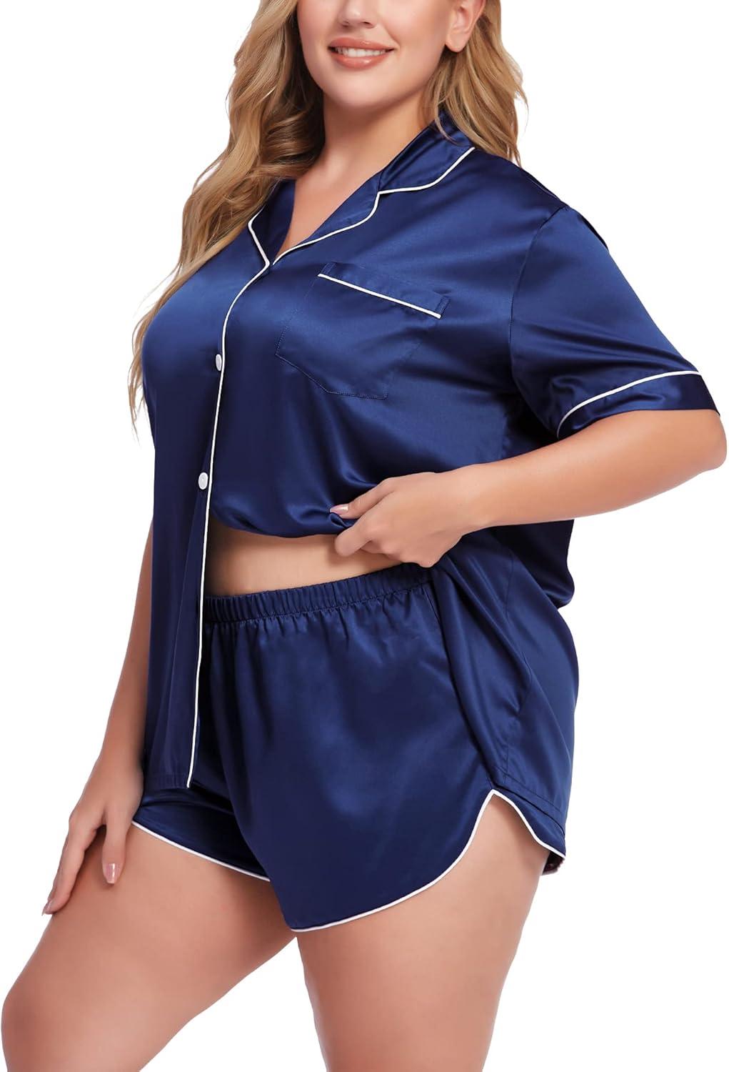 imageSWOMOG Womens Plus Size Satin Pajama Set Short Sleeve 2 piece Pj Sets Sleepwear Silk Button Down Loungewear Pjs Shorts SetNavy Blue