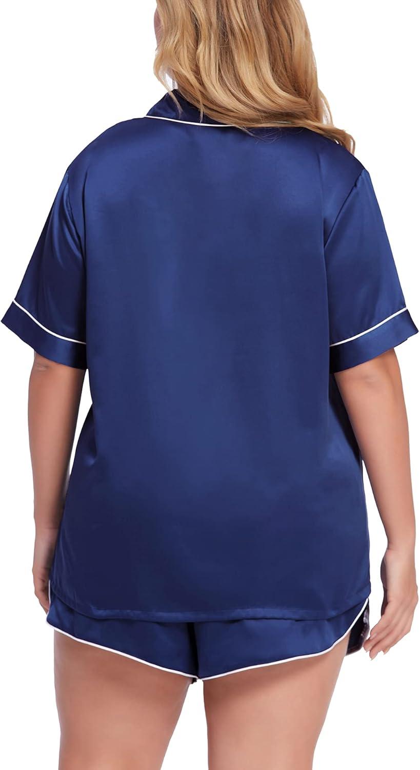 imageSWOMOG Womens Plus Size Satin Pajama Set Short Sleeve 2 piece Pj Sets Sleepwear Silk Button Down Loungewear Pjs Shorts SetNavy Blue