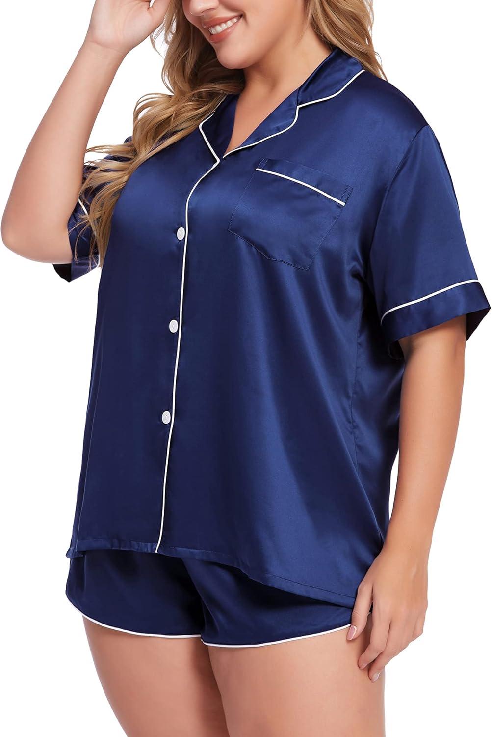 imageSWOMOG Womens Plus Size Satin Pajama Set Short Sleeve 2 piece Pj Sets Sleepwear Silk Button Down Loungewear Pjs Shorts SetNavy Blue