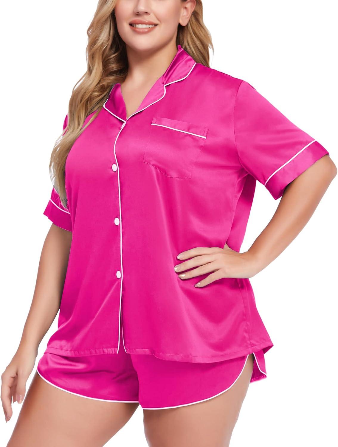 imageSWOMOG Womens Plus Size Satin Pajama Set Short Sleeve 2 piece Pj Sets Sleepwear Silk Button Down Loungewear Pjs Shorts SetRose Red