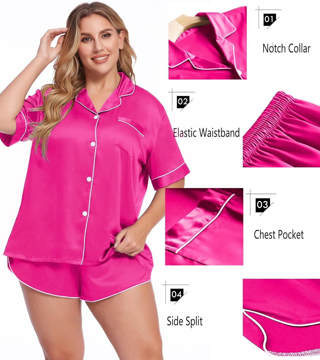 imageSWOMOG Womens Plus Size Satin Pajama Set Short Sleeve 2 piece Pj Sets Sleepwear Silk Button Down Loungewear Pjs Shorts SetRose Red