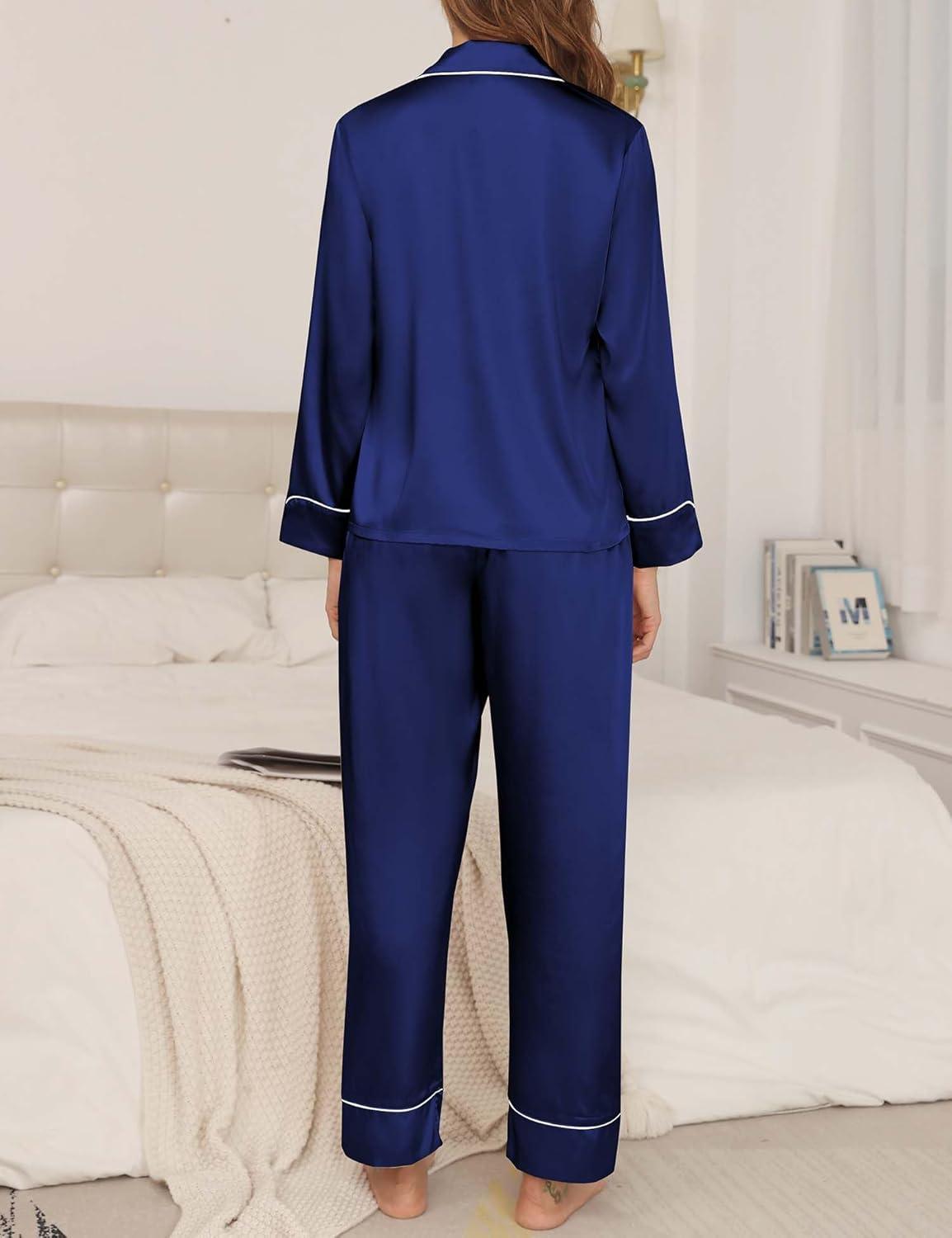imageSWOMOG Womens Silk Satin Pajamas Loungewear Twopiece Sleepwear ButtonDown Pj Set
