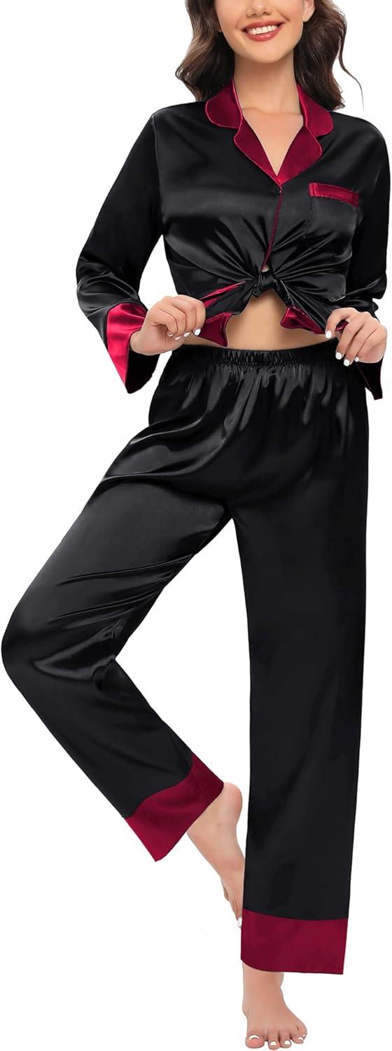 imageSWOMOG Womens Silk Satin Pajamas Set Long Sleeve Sleepwear Two Pieces Loungewear Set ButtonDown Contrast Pjs SetBlack