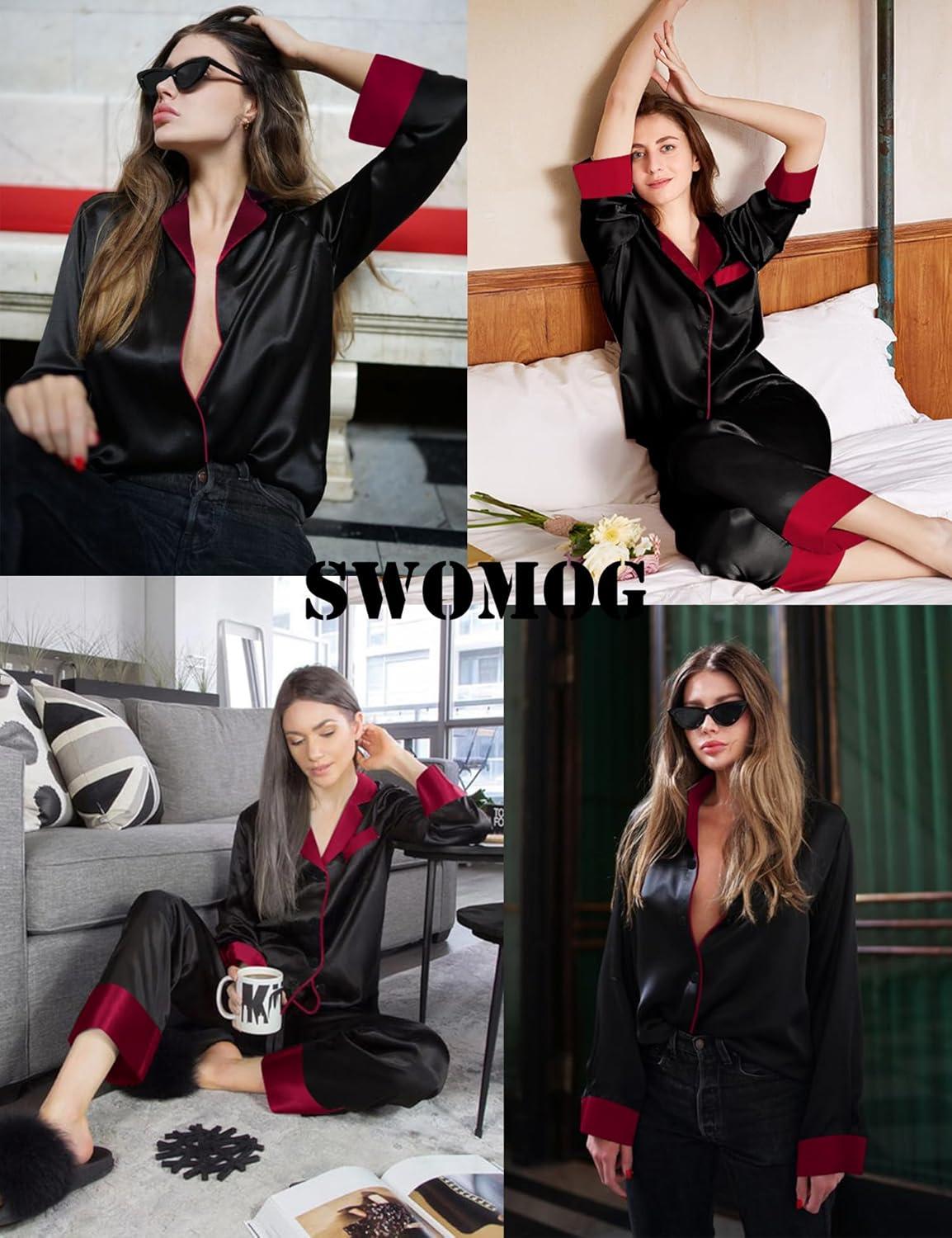 imageSWOMOG Womens Silk Satin Pajamas Set Long Sleeve Sleepwear Two Pieces Loungewear Set ButtonDown Contrast Pjs SetBlack