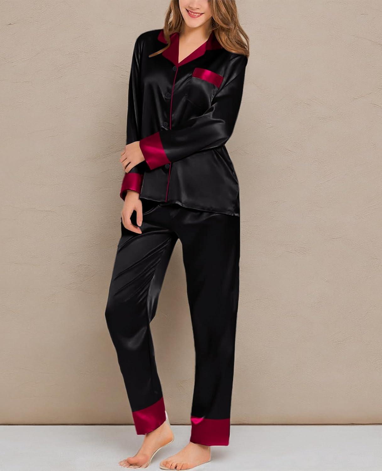 imageSWOMOG Womens Silk Satin Pajamas Set Long Sleeve Sleepwear Two Pieces Loungewear Set ButtonDown Contrast Pjs SetBlack