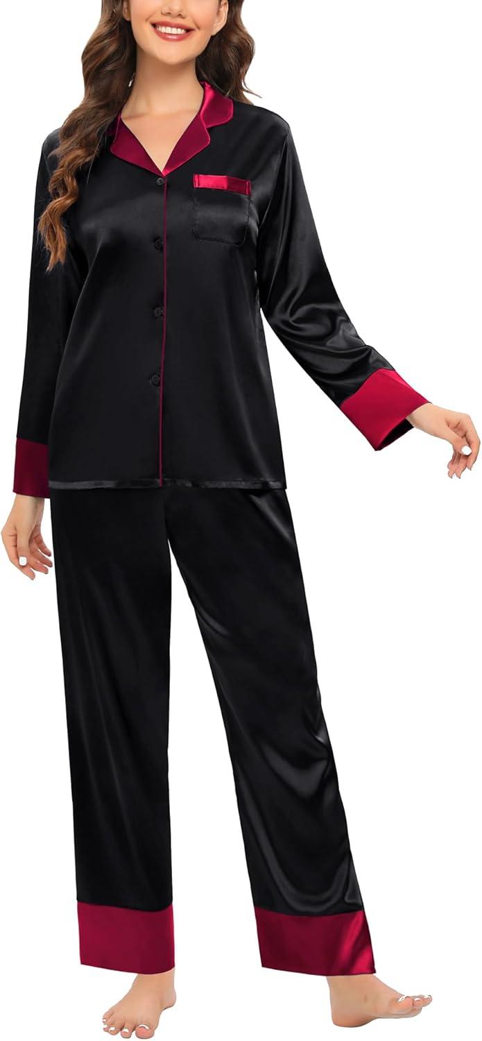 imageSWOMOG Womens Silk Satin Pajamas Set Long Sleeve Sleepwear Two Pieces Loungewear Set ButtonDown Contrast Pjs SetBlack
