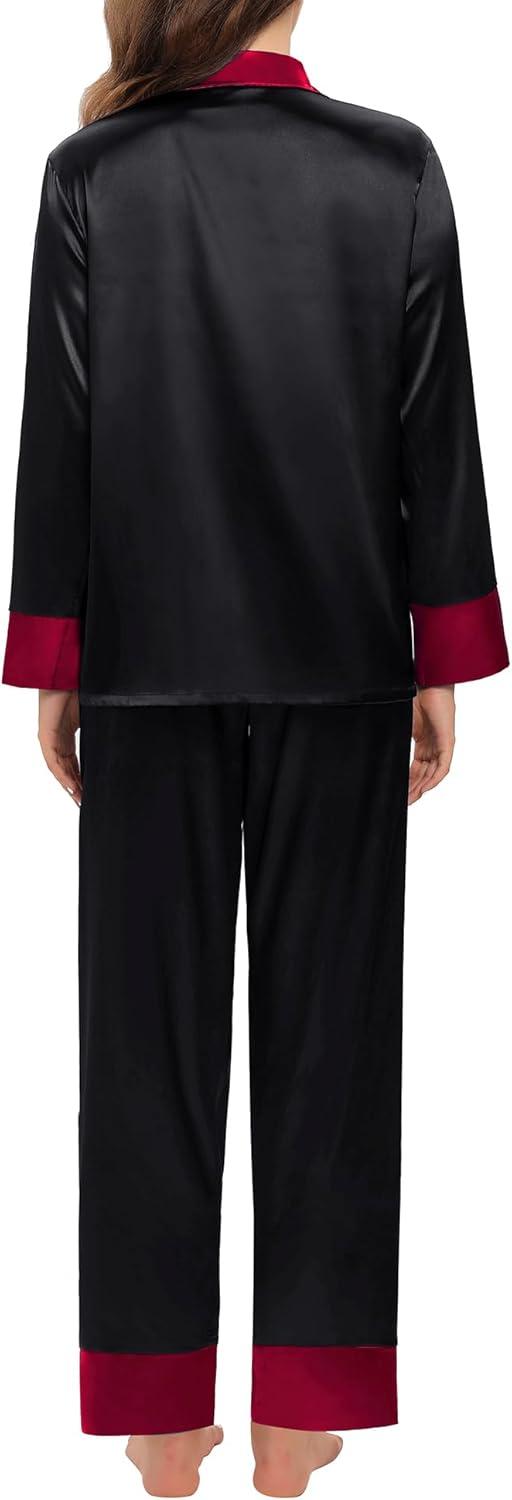 imageSWOMOG Womens Silk Satin Pajamas Set Long Sleeve Sleepwear Two Pieces Loungewear Set ButtonDown Contrast Pjs SetBlack
