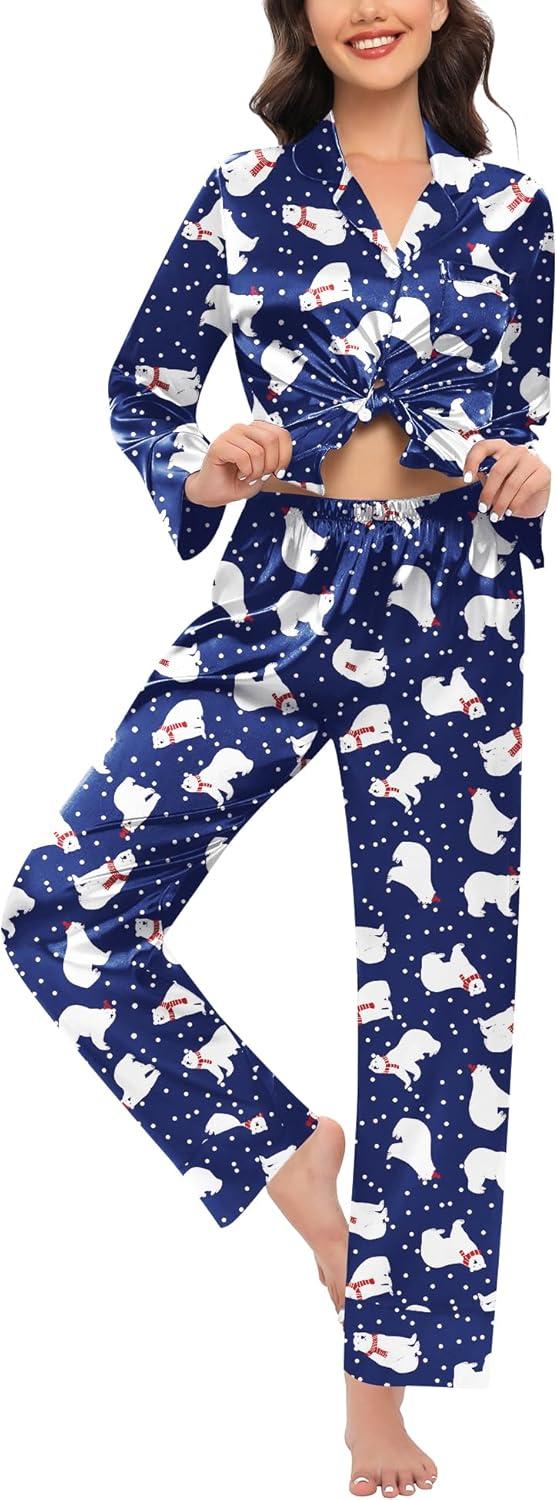 imageSWOMOG Womens Silk Satin Pajamas Set Long Sleeve Sleepwear Two Pieces Loungewear Set ButtonDown Contrast Pjs SetBlue Polar Bear