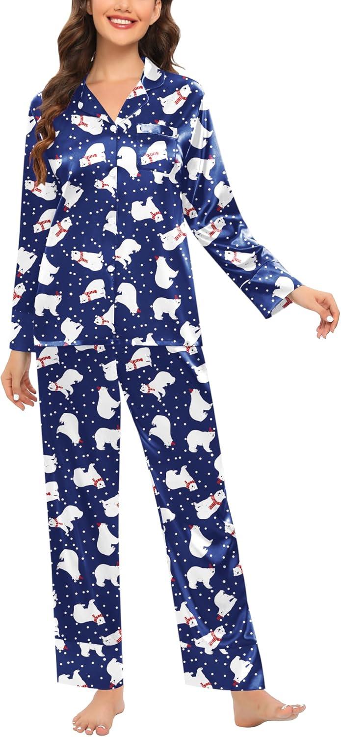 imageSWOMOG Womens Silk Satin Pajamas Set Long Sleeve Sleepwear Two Pieces Loungewear Set ButtonDown Contrast Pjs SetBlue Polar Bear