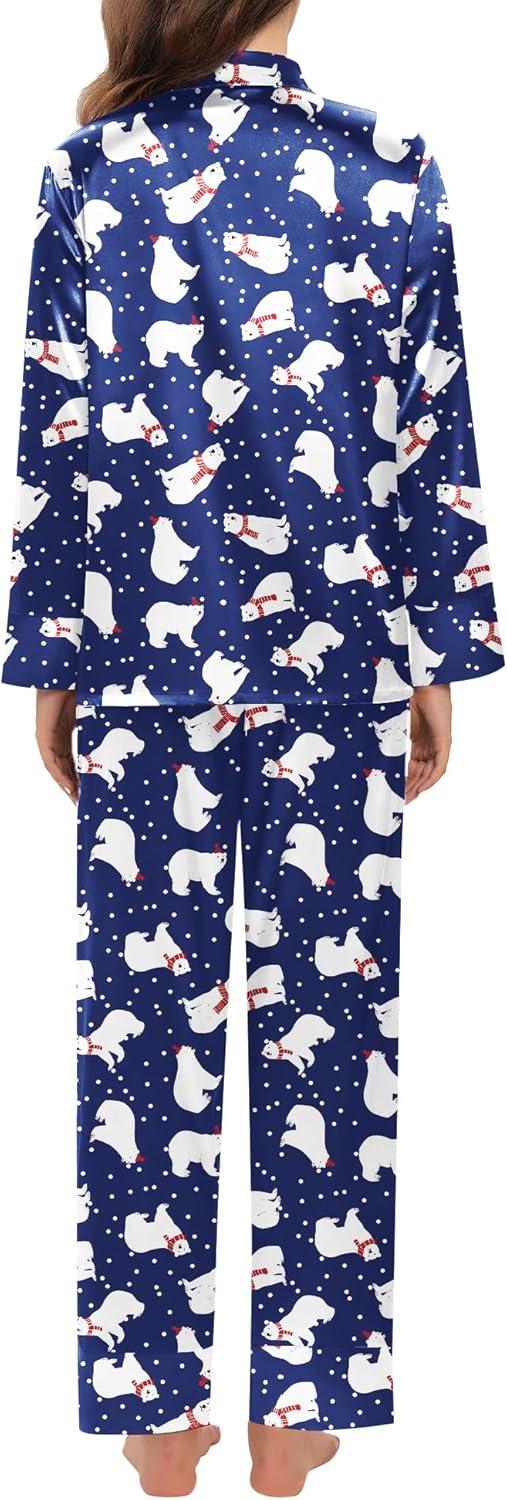 imageSWOMOG Womens Silk Satin Pajamas Set Long Sleeve Sleepwear Two Pieces Loungewear Set ButtonDown Contrast Pjs SetBlue Polar Bear
