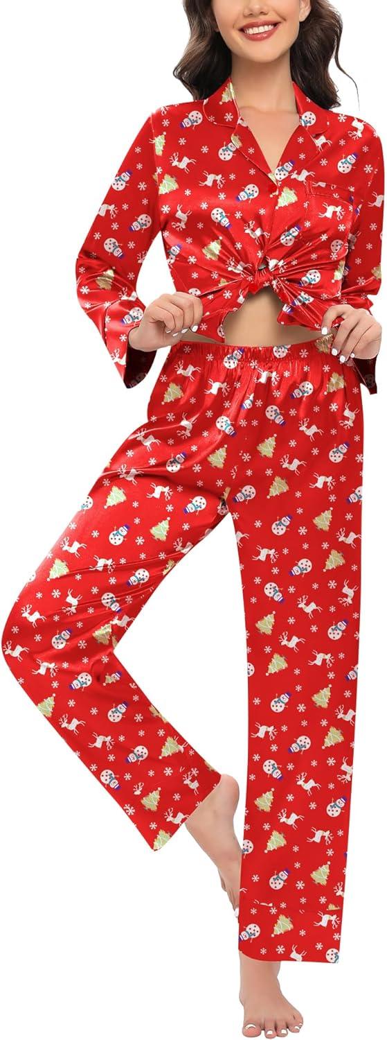 imageSWOMOG Womens Silk Satin Pajamas Set Long Sleeve Sleepwear Two Pieces Loungewear Set ButtonDown Contrast Pjs SetChristmas Red