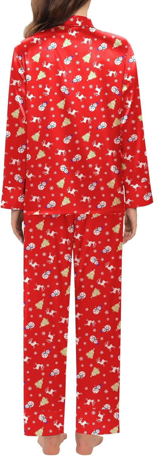 imageSWOMOG Womens Silk Satin Pajamas Set Long Sleeve Sleepwear Two Pieces Loungewear Set ButtonDown Contrast Pjs SetChristmas Red