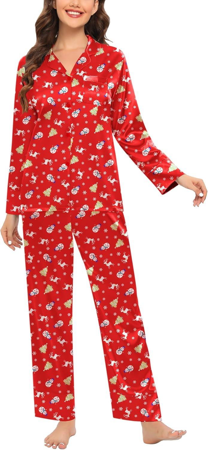 imageSWOMOG Womens Silk Satin Pajamas Set Long Sleeve Sleepwear Two Pieces Loungewear Set ButtonDown Contrast Pjs SetChristmas Red