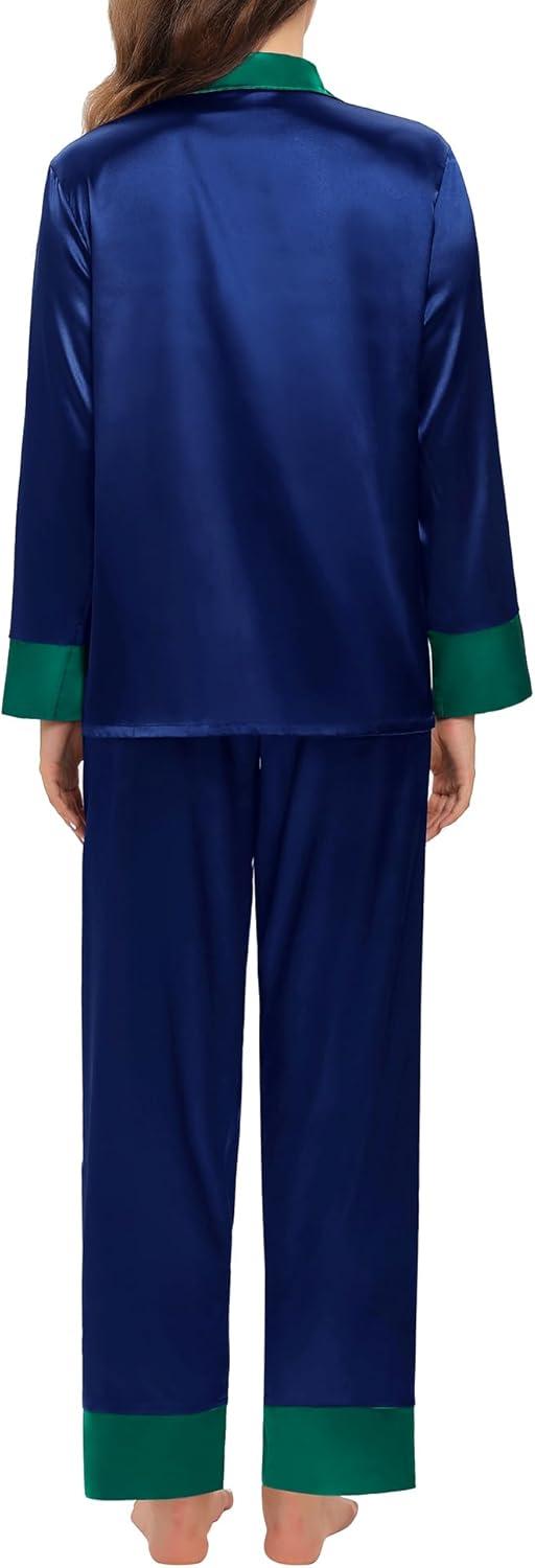imageSWOMOG Womens Silk Satin Pajamas Set Long Sleeve Sleepwear Two Pieces Loungewear Set ButtonDown Contrast Pjs SetNavy Blue