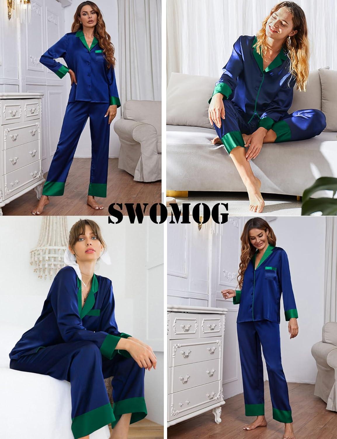imageSWOMOG Womens Silk Satin Pajamas Set Long Sleeve Sleepwear Two Pieces Loungewear Set ButtonDown Contrast Pjs SetNavy Blue