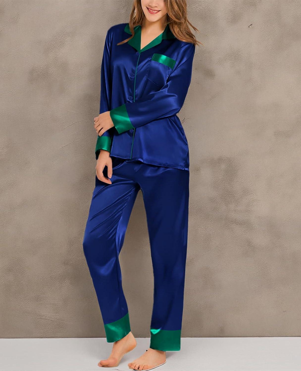 imageSWOMOG Womens Silk Satin Pajamas Set Long Sleeve Sleepwear Two Pieces Loungewear Set ButtonDown Contrast Pjs SetNavy Blue