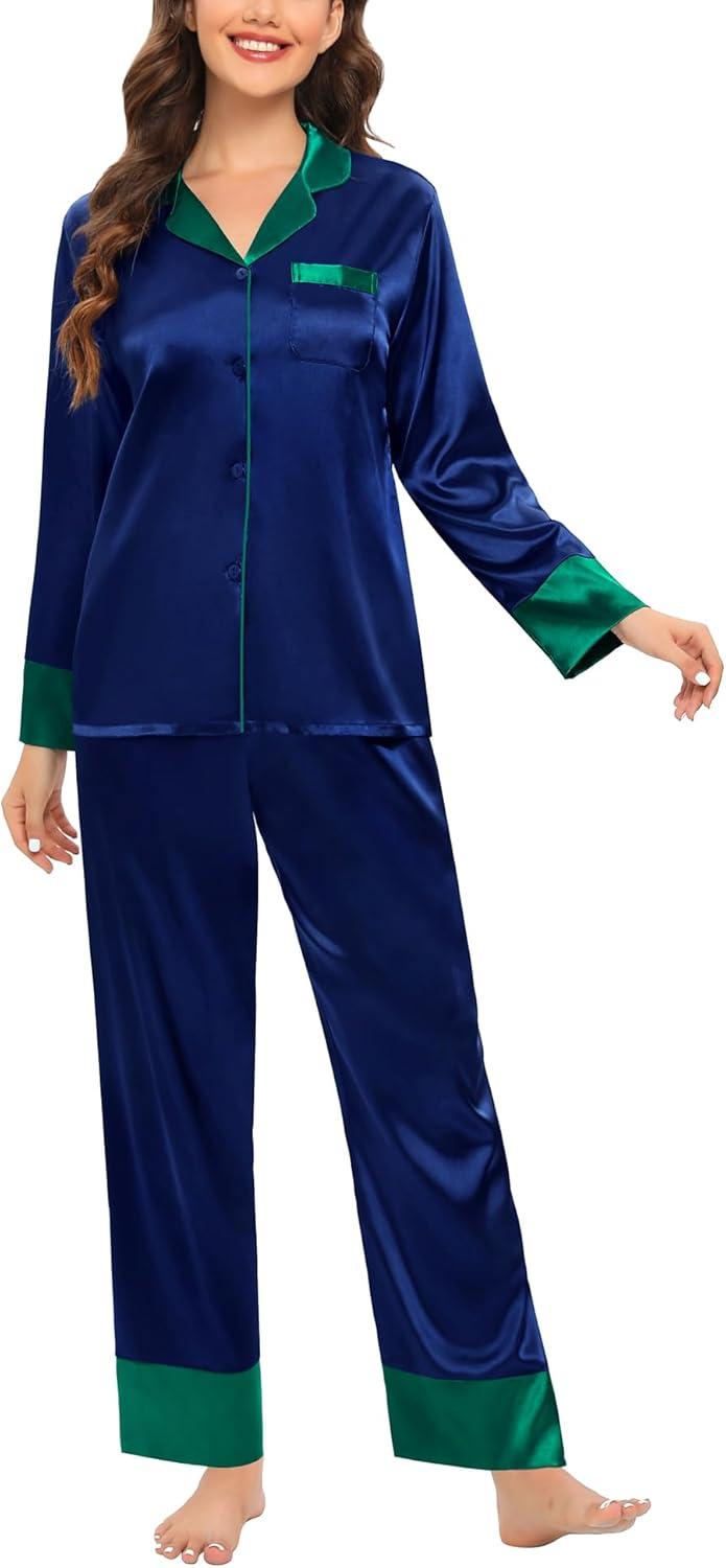imageSWOMOG Womens Silk Satin Pajamas Set Long Sleeve Sleepwear Two Pieces Loungewear Set ButtonDown Contrast Pjs SetNavy Blue