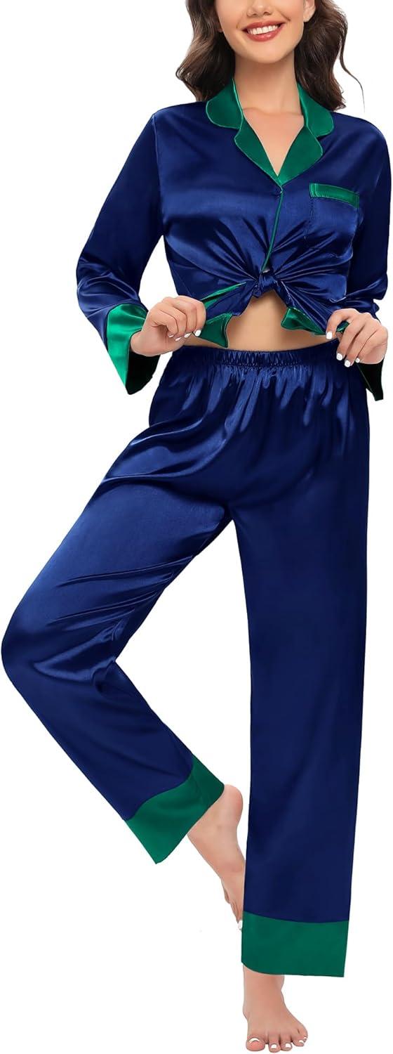 imageSWOMOG Womens Silk Satin Pajamas Set Long Sleeve Sleepwear Two Pieces Loungewear Set ButtonDown Contrast Pjs SetNavy Blue