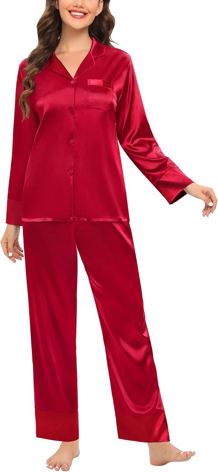 imageSWOMOG Womens Silk Satin Pajamas Set Long Sleeve Sleepwear Two Pieces Loungewear Set ButtonDown Contrast Pjs SetRed