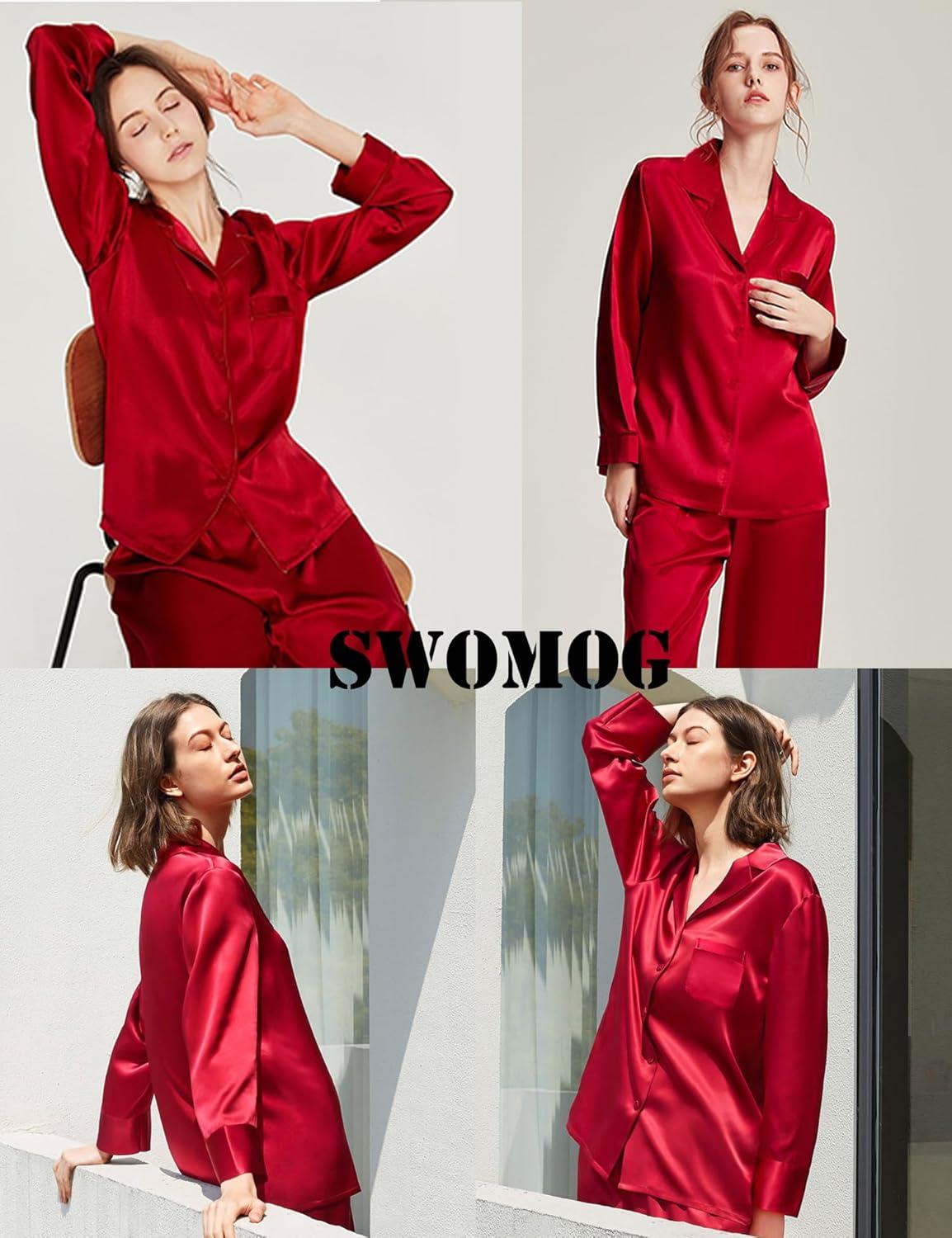 imageSWOMOG Womens Silk Satin Pajamas Set Long Sleeve Sleepwear Two Pieces Loungewear Set ButtonDown Contrast Pjs SetRed