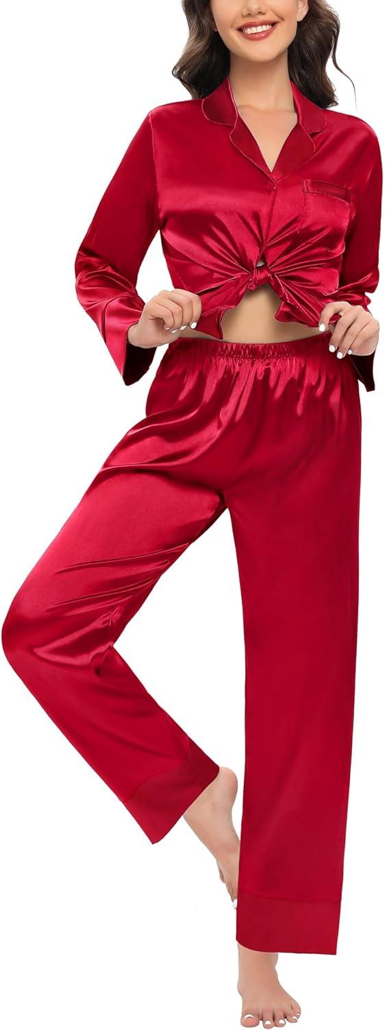 imageSWOMOG Womens Silk Satin Pajamas Set Long Sleeve Sleepwear Two Pieces Loungewear Set ButtonDown Contrast Pjs SetRed