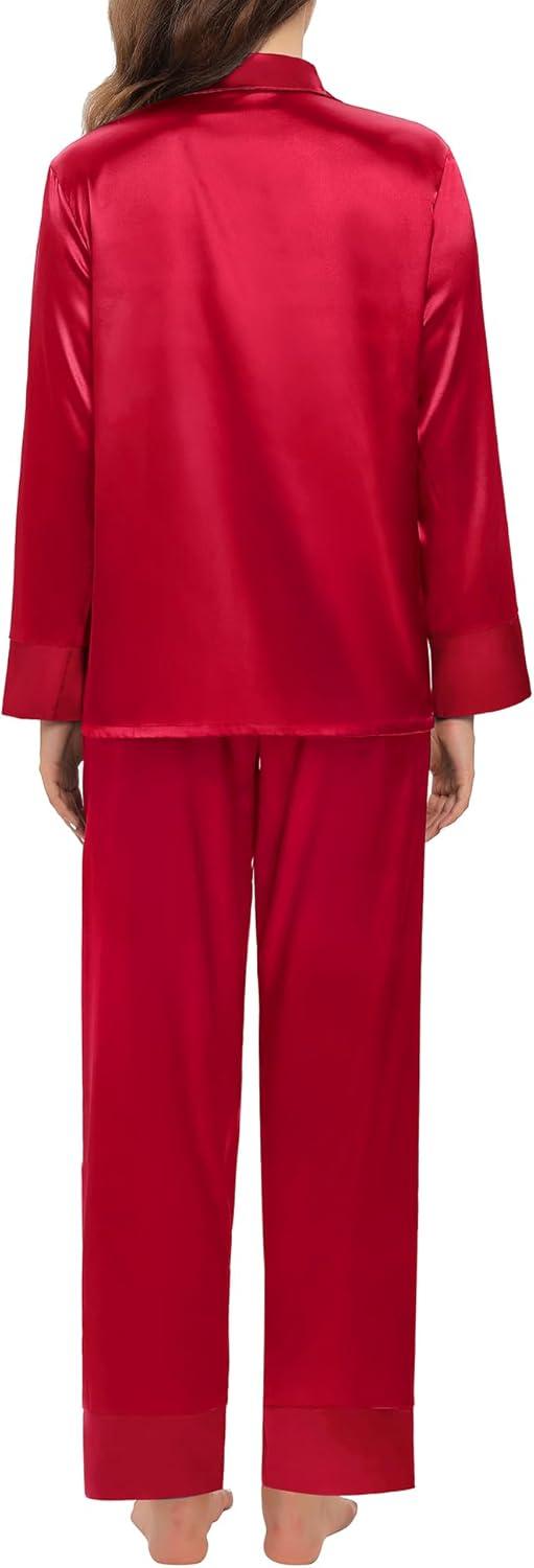 imageSWOMOG Womens Silk Satin Pajamas Set Long Sleeve Sleepwear Two Pieces Loungewear Set ButtonDown Contrast Pjs SetRed