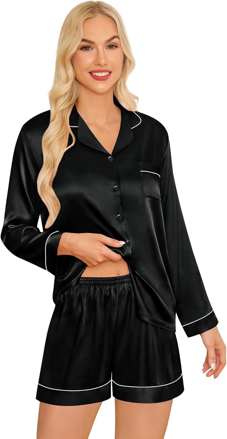 imageSWOMOG Womens Silk Satin Pajamas Sets 3pcs Short Sleeve Sleepwear Button Down Pjs Sets Loungewear Nightwear4pcsblack