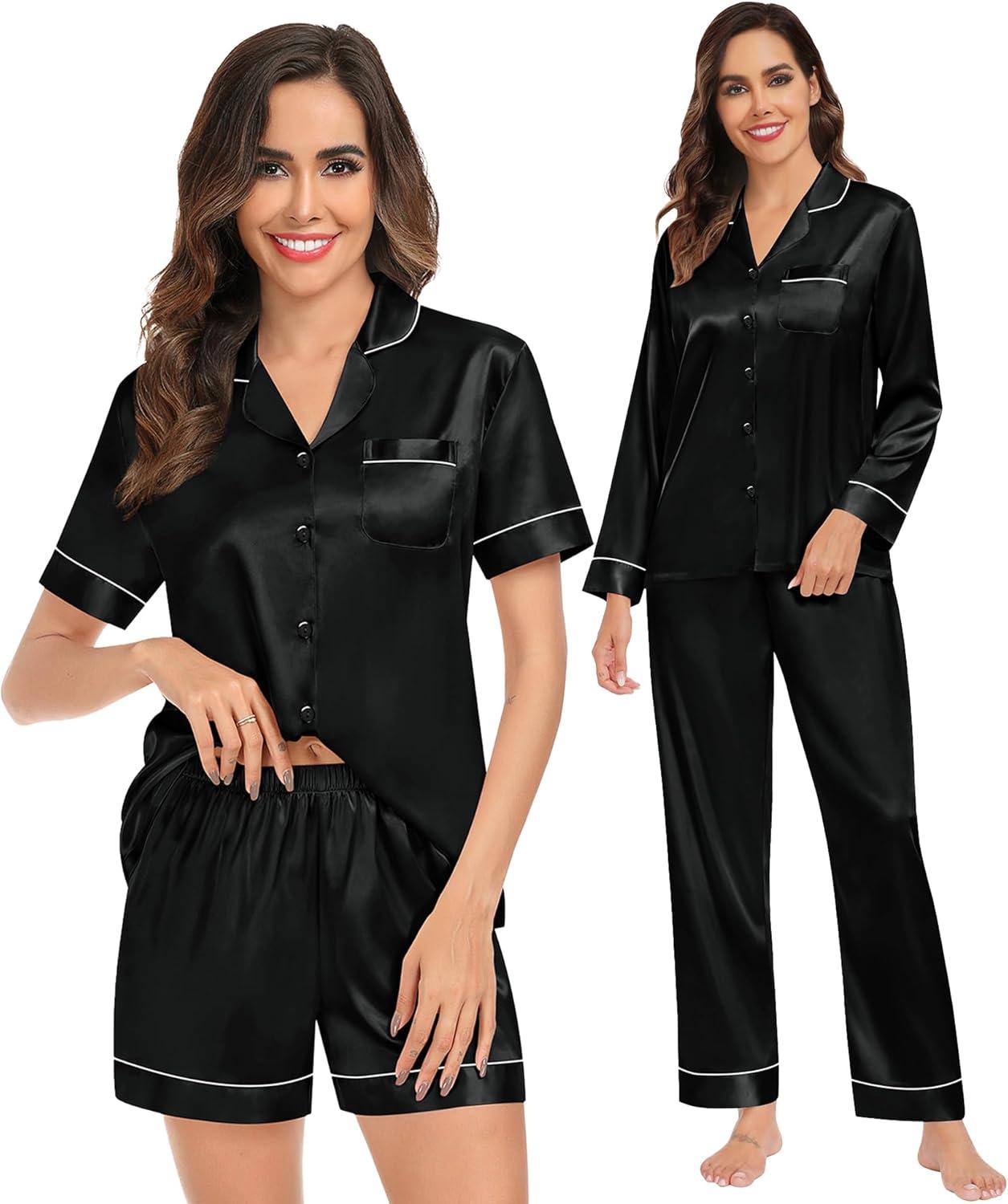 imageSWOMOG Womens Silk Satin Pajamas Sets 3pcs Short Sleeve Sleepwear Button Down Pjs Sets Loungewear Nightwear4pcsblack