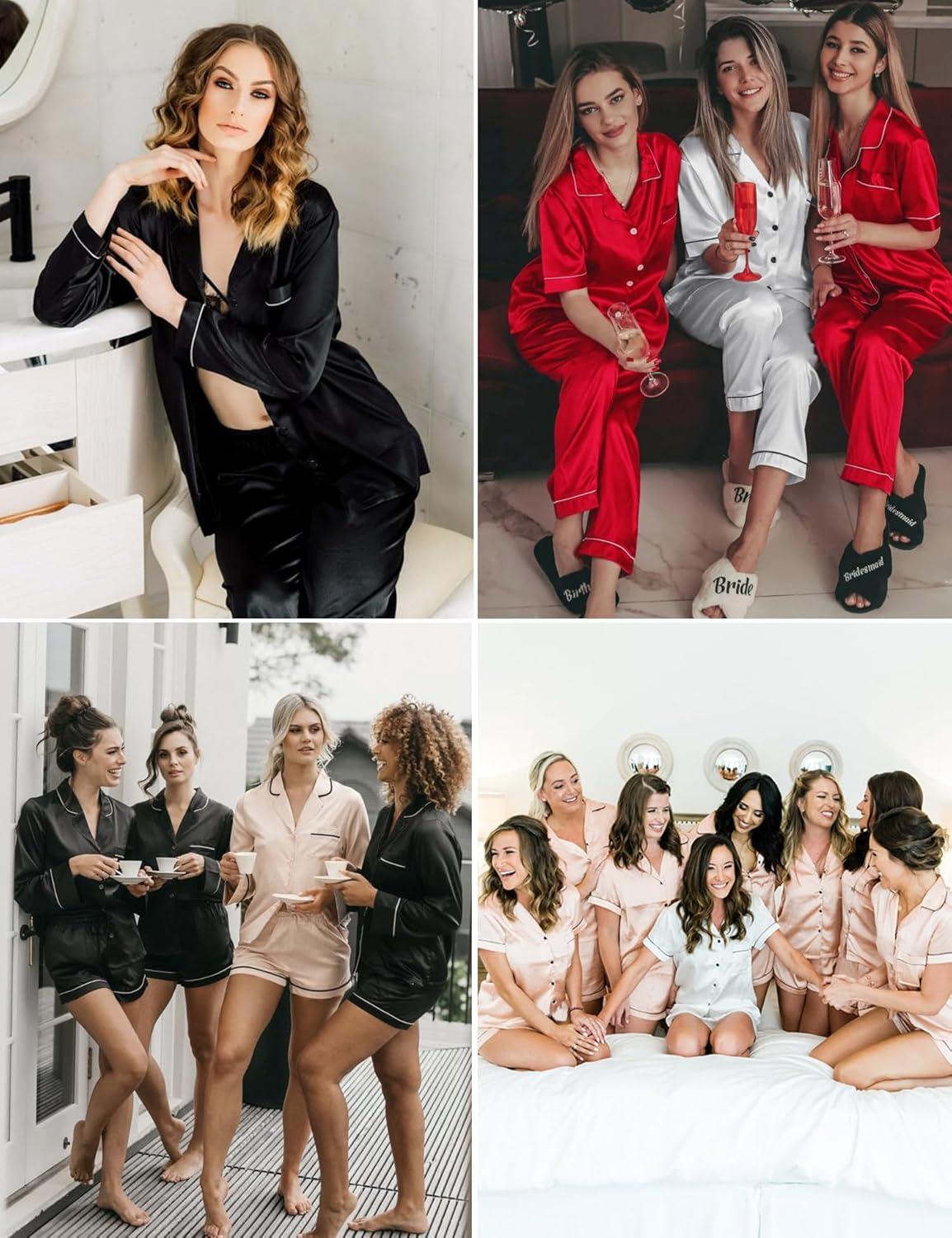 imageSWOMOG Womens Silk Satin Pajamas Sets 3pcs Short Sleeve Sleepwear Button Down Pjs Sets Loungewear Nightwear4pcschampagne
