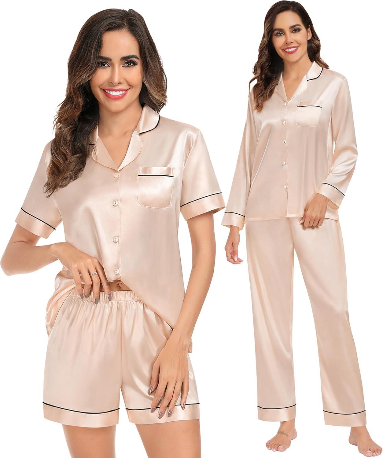 imageSWOMOG Womens Silk Satin Pajamas Sets 3pcs Short Sleeve Sleepwear Button Down Pjs Sets Loungewear Nightwear4pcschampagne