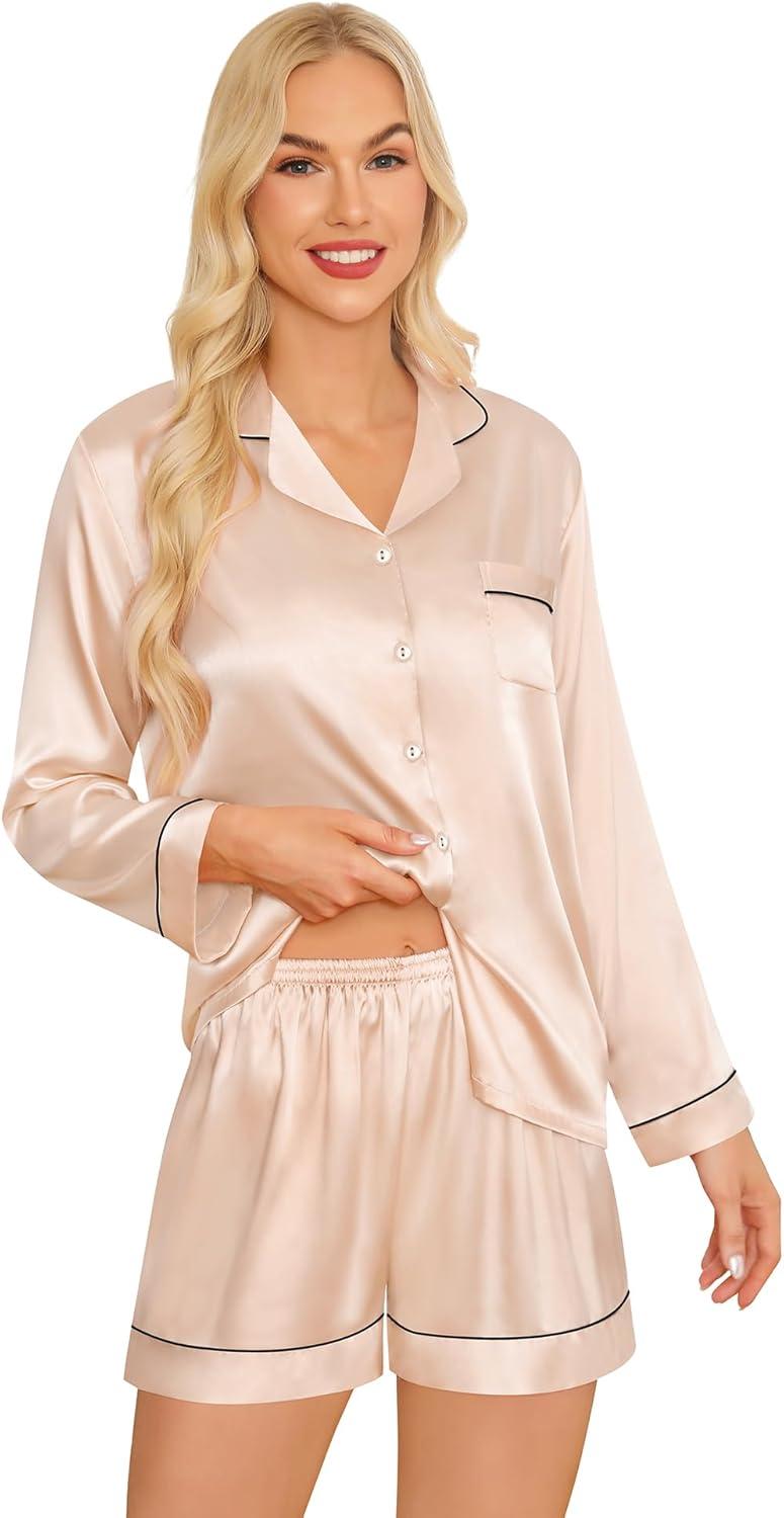imageSWOMOG Womens Silk Satin Pajamas Sets 3pcs Short Sleeve Sleepwear Button Down Pjs Sets Loungewear Nightwear4pcschampagne