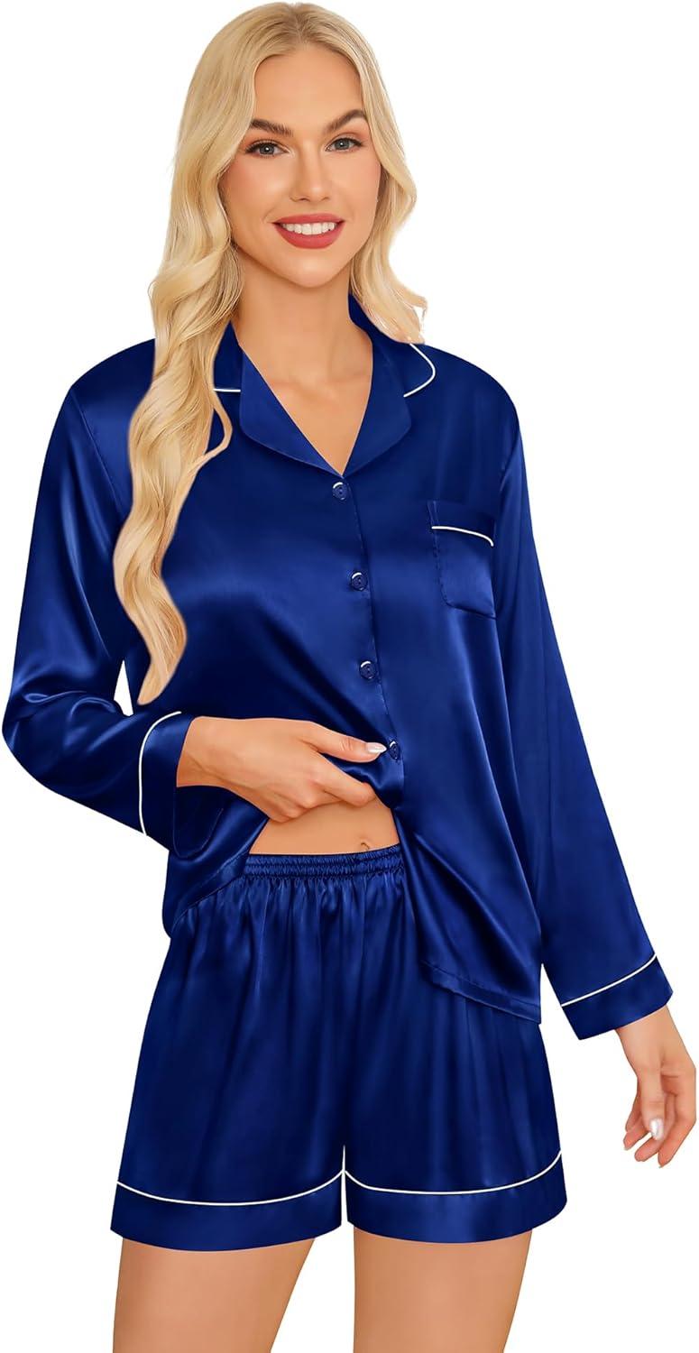 imageSWOMOG Womens Silk Satin Pajamas Sets 3pcs Short Sleeve Sleepwear Button Down Pjs Sets Loungewear Nightwear4pcsnavy Blue