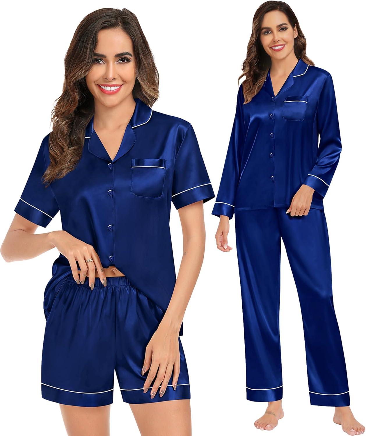 imageSWOMOG Womens Silk Satin Pajamas Sets 3pcs Short Sleeve Sleepwear Button Down Pjs Sets Loungewear Nightwear4pcsnavy Blue