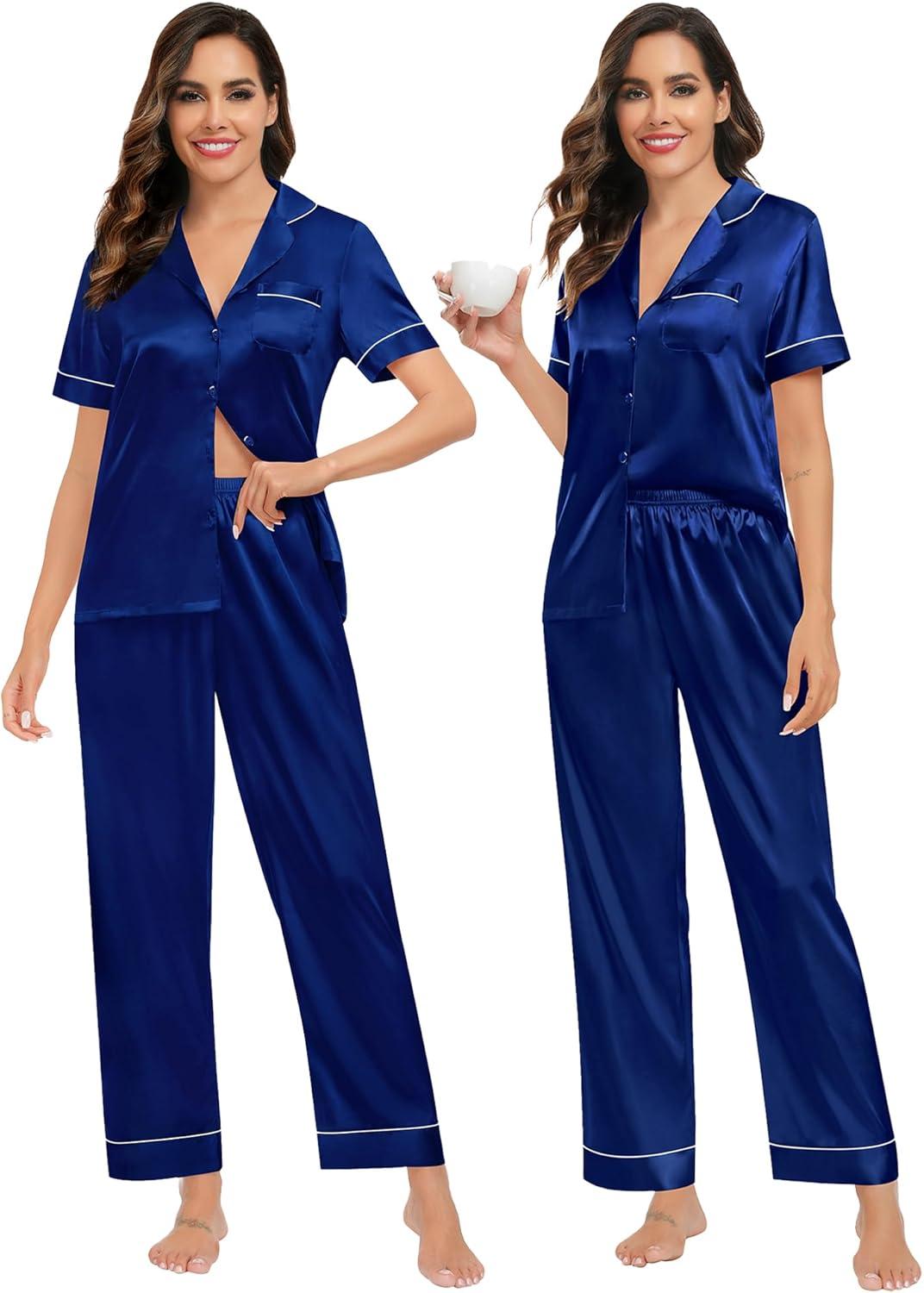 imageSWOMOG Womens Silk Satin Pajamas Sets 3pcs Short Sleeve Sleepwear Button Down Pjs Sets Loungewear Nightwear4pcsnavy Blue