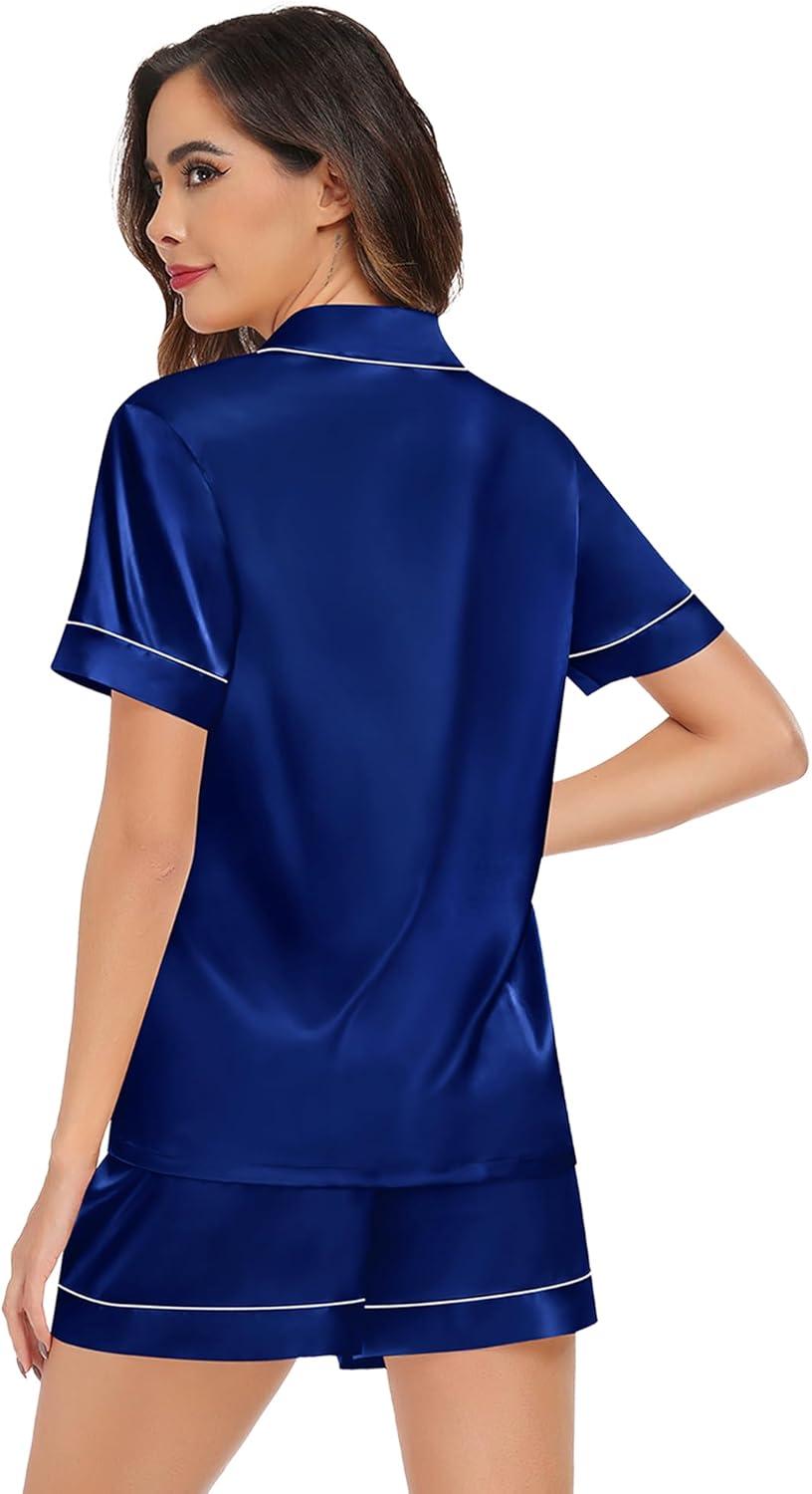 imageSWOMOG Womens Silk Satin Pajamas Sets 3pcs Short Sleeve Sleepwear Button Down Pjs Sets Loungewear Nightwear4pcsnavy Blue