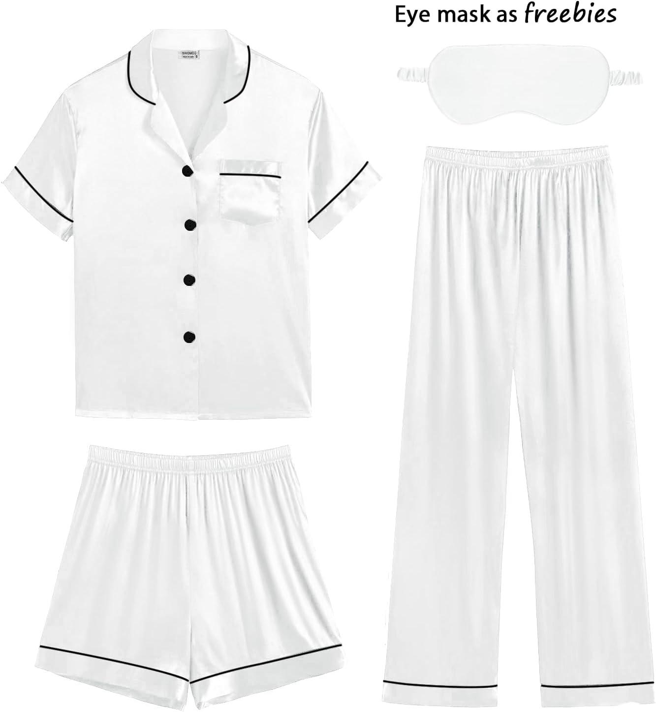 imageSWOMOG Womens Silk Satin Pajamas Sets 3pcs Short Sleeve Sleepwear Button Down Pjs Sets Loungewear NightwearWhite3pcs