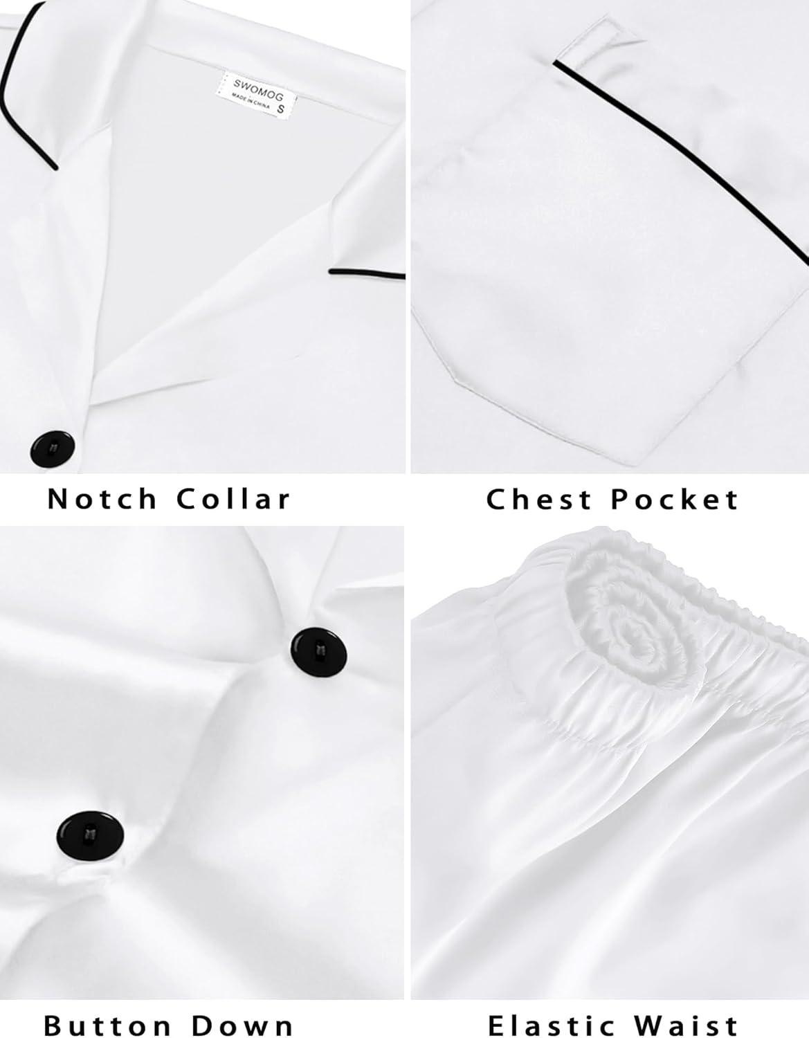 imageSWOMOG Womens Silk Satin Pajamas Sets 3pcs Short Sleeve Sleepwear Button Down Pjs Sets Loungewear NightwearWhite3pcs