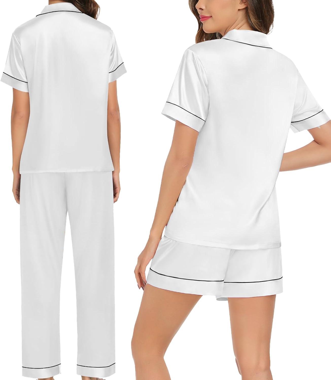 imageSWOMOG Womens Silk Satin Pajamas Sets 3pcs Short Sleeve Sleepwear Button Down Pjs Sets Loungewear NightwearWhite3pcs