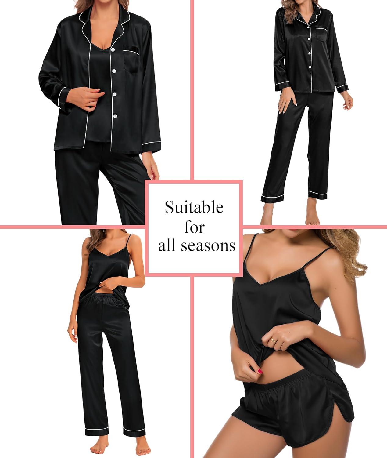 imageSWOMOG Womens Silk Satin Pajamas Sets 4pcs Loungewear Sexy Cami Shorts Set Button Down Long Sleeve Pjs SleepwearLong Sleeve Classicblack