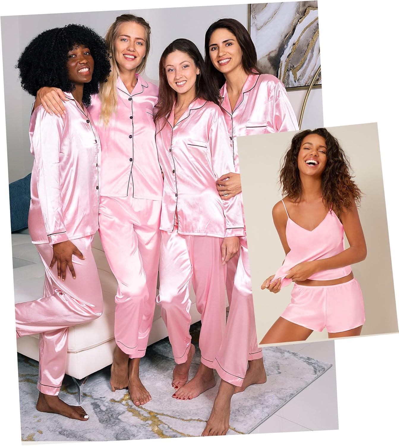 imageSWOMOG Womens Silk Satin Pajamas Sets 4pcs Loungewear Sexy Cami Shorts Set Button Down Long Sleeve Pjs SleepwearLong Sleeve Classicpink