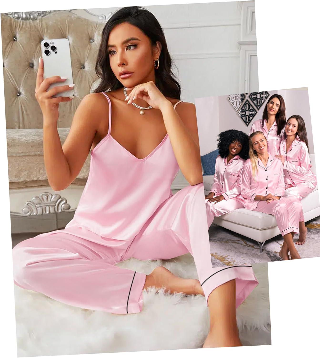 imageSWOMOG Womens Silk Satin Pajamas Sets 4pcs Loungewear Sexy Cami Shorts Set Button Down Long Sleeve Pjs SleepwearLong Sleeve Classicpink