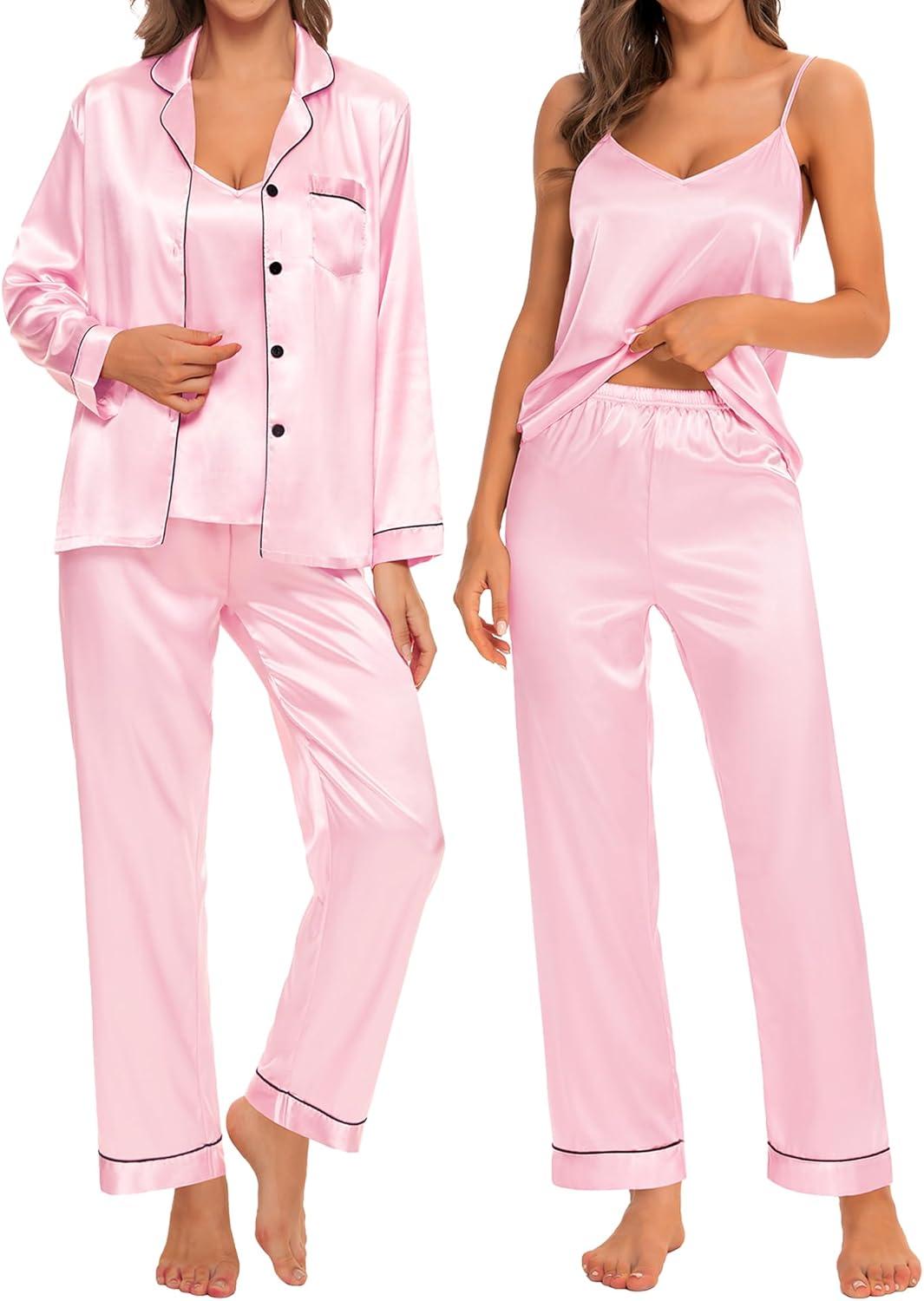 imageSWOMOG Womens Silk Satin Pajamas Sets 4pcs Loungewear Sexy Cami Shorts Set Button Down Long Sleeve Pjs SleepwearLong Sleeve Classicpink