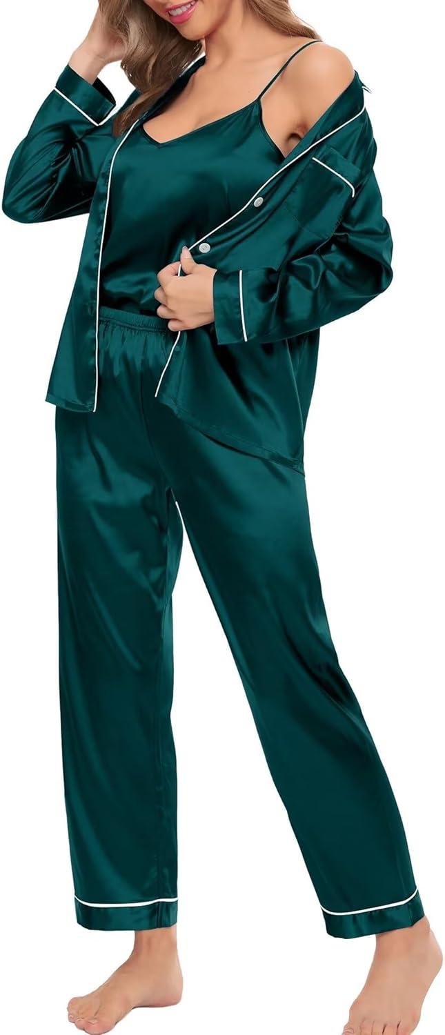imageSWOMOG Womens Silk Satin Pajamas Sets 4pcs Loungewear Sexy Cami Shorts Set Button Down Long Sleeve Pjs SleepwearLong Sleevedark Green
