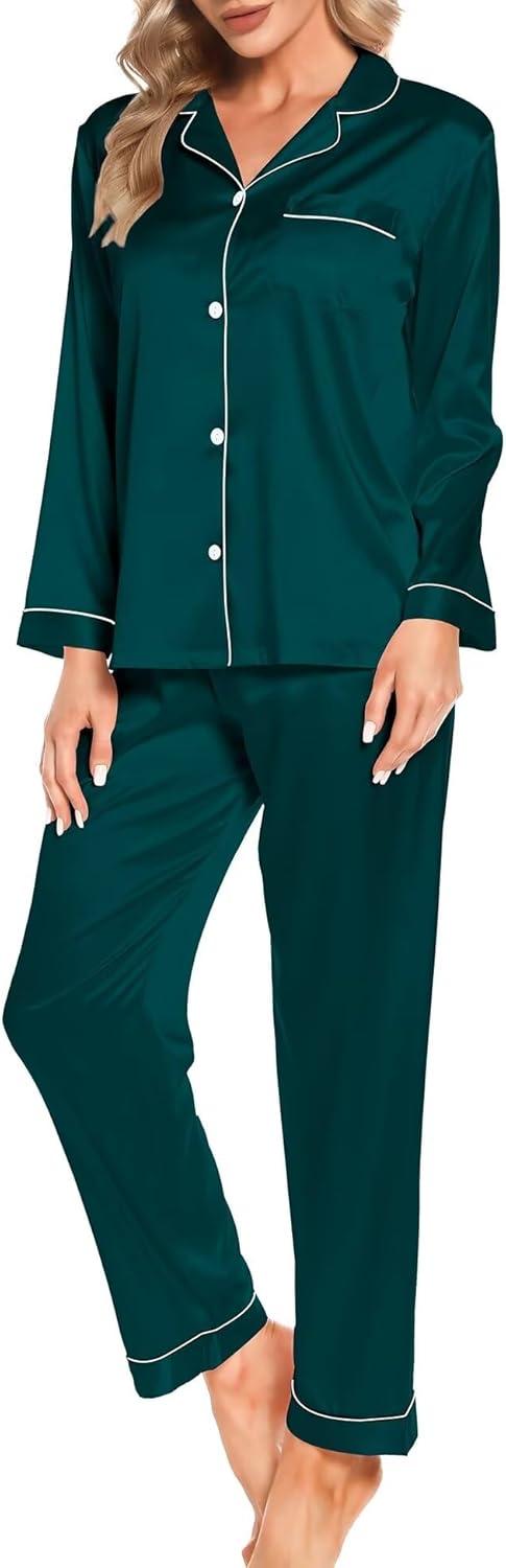 imageSWOMOG Womens Silk Satin Pajamas Sets 4pcs Loungewear Sexy Cami Shorts Set Button Down Long Sleeve Pjs SleepwearLong Sleevedark Green