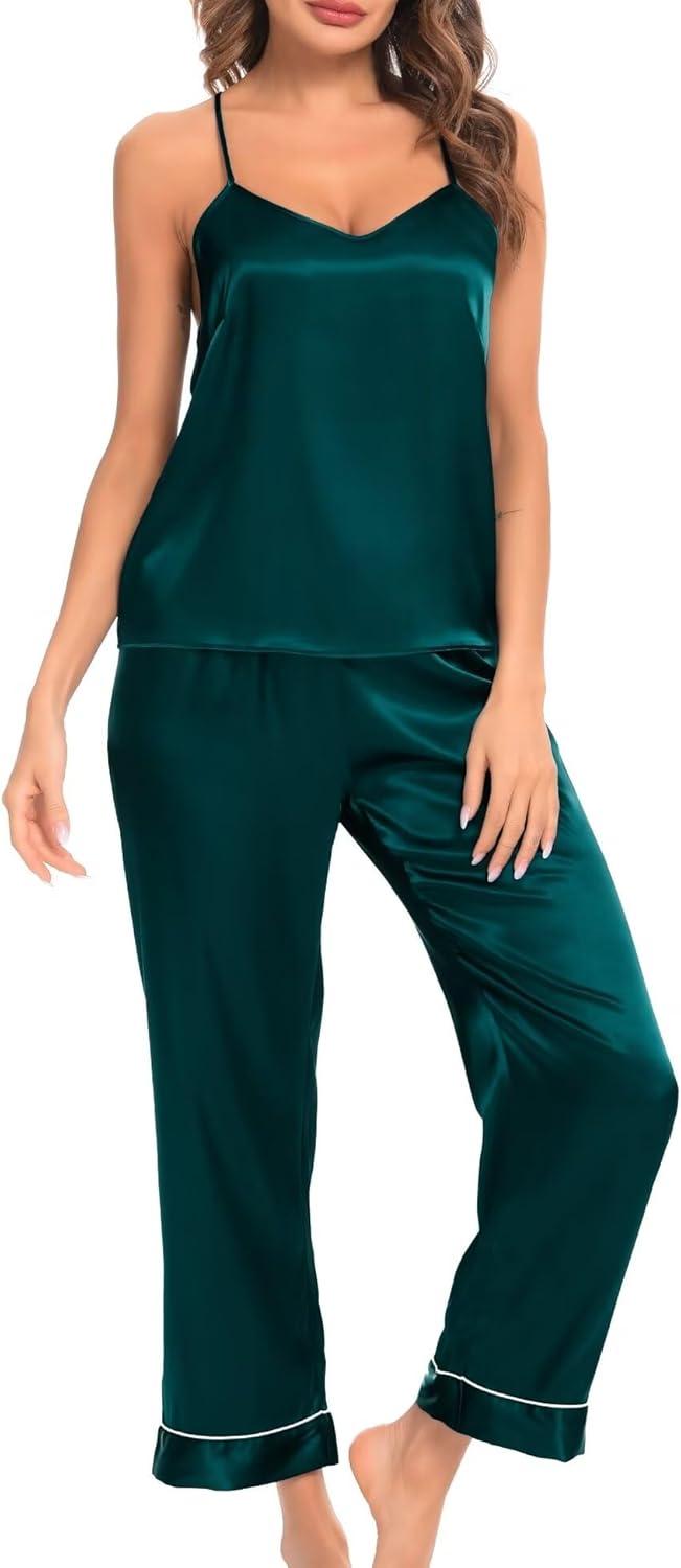 imageSWOMOG Womens Silk Satin Pajamas Sets 4pcs Loungewear Sexy Cami Shorts Set Button Down Long Sleeve Pjs SleepwearLong Sleevedark Green