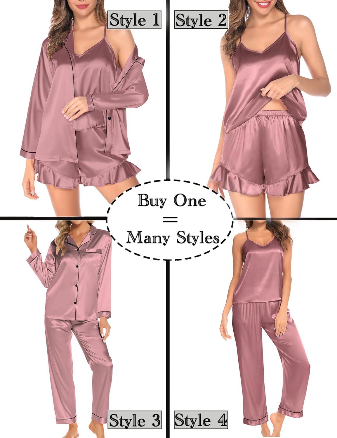 imageSWOMOG Womens Silk Satin Pajamas Sets 4pcs Loungewear Sexy Cami Shorts Set Button Down Long Sleeve Pjs SleepwearLong Sleevemisty Rose